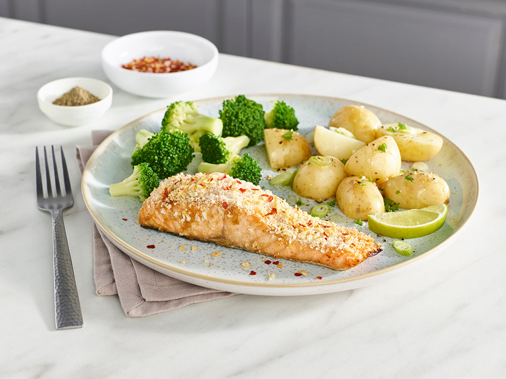 Crispy Topped Salmon Asian style Vegetables New Potatoes Ninja Kitchen Australia